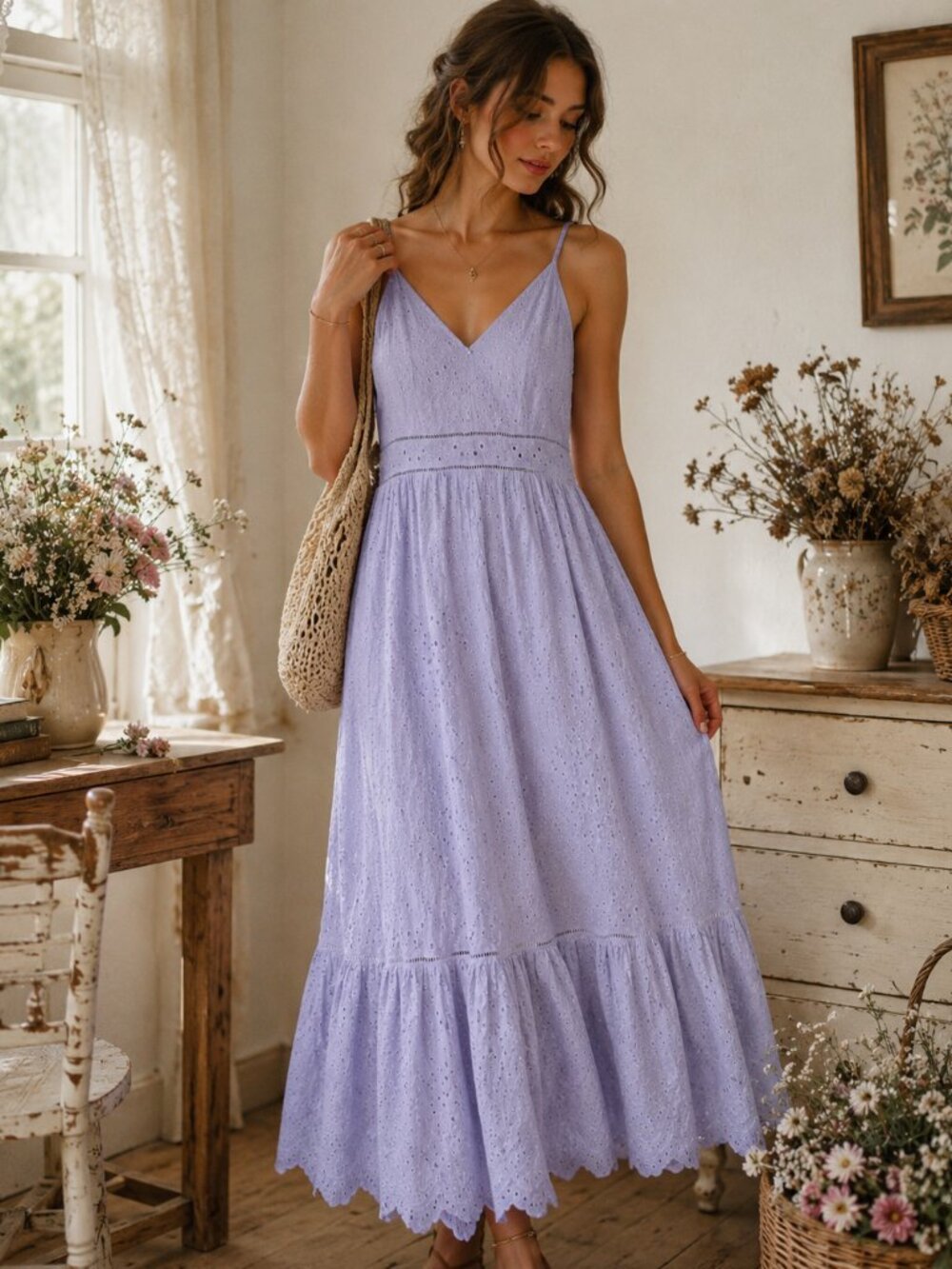 Baby Blue Eyelet Midi Dress NWT Cottagecore Boho Romantic Size Large